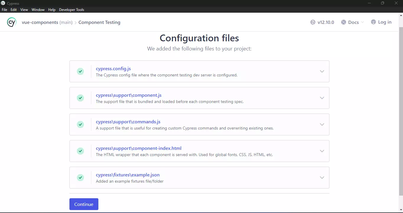Cypress configuration files for component testing